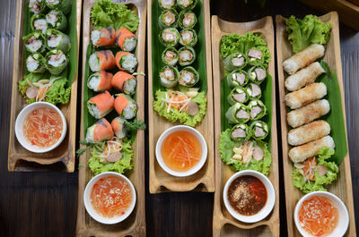 Directly above shot of food served on table