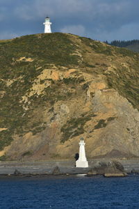 Lighthouse on building by sea