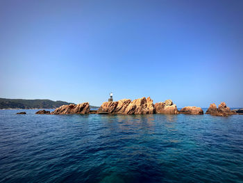 Scenic view of sea against clear blue sky