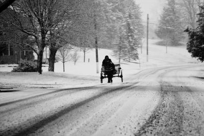 Rear view of woman walking on snow covered road