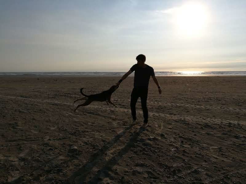 FULL LENGTH OF SILHOUETTE MAN PLAYING AT BEACH AGAINST SKY