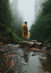 Rear view of man standing by river in forest