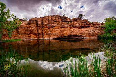 Reflection of rocks in lake against sky