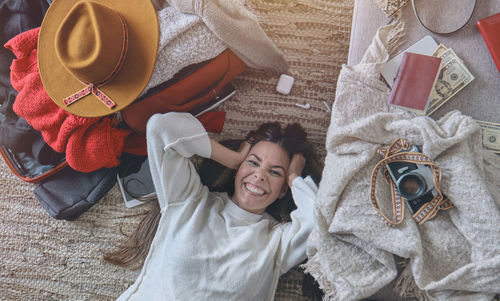 High angle view of woman using mobile phone