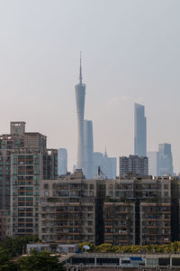 Buildings in city against clear sky