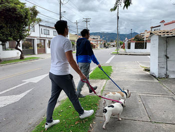 Men with dogs walking on street