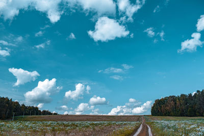 Empty road amidst field against sky