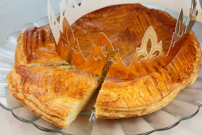 High angle view of bread in plate on table