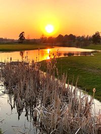 Scenic view of lake against sky during sunset