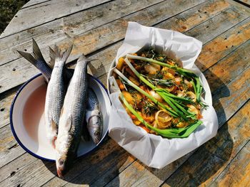 High angle view of fish in plate on table