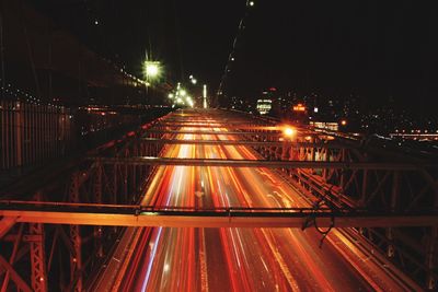 Light trails on railroad tracks in city at night
