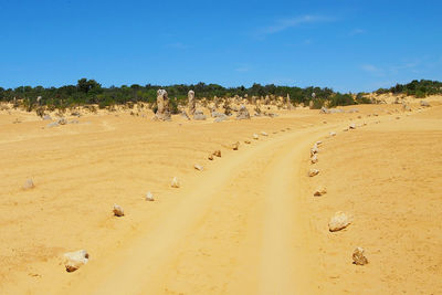 Scenic view of desert against clear blue sky