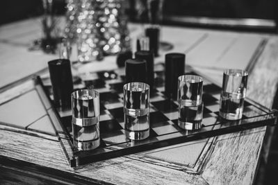 High angle view of glasses on table