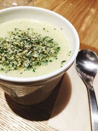 Close-up of soup in bowl on table