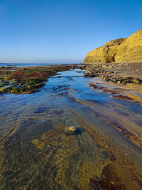 Scenic view of sea against clear blue sky