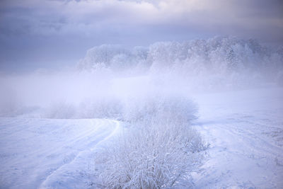 Scenic view of snow covered land against sky