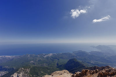 Aerial view of sea and mountains against blue sky