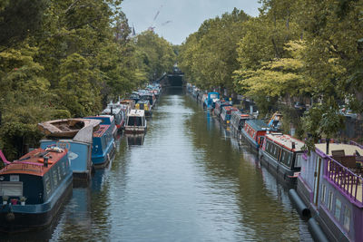 Boats moored in river