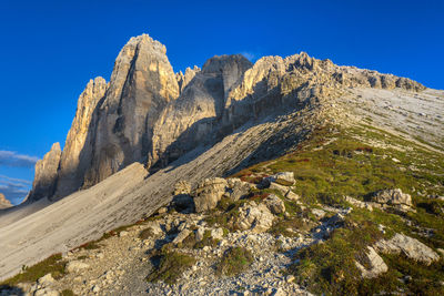 Scenic view of snowcapped mountains against clear blue sky