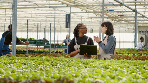 Portrait of young man using digital tablet while standing in greenhouse