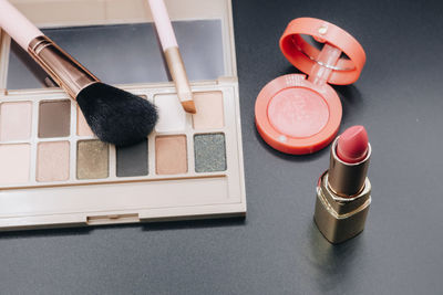 High angle view of objects on table