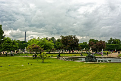 Trees on grassy field against cloudy sky