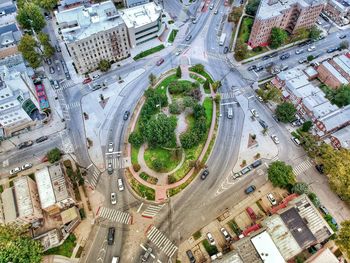 High angle view of street amidst buildings in city