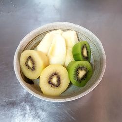 High angle view of fruits in bowl on table