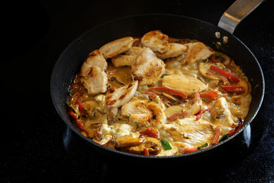 High angle view of meat in cooking pan