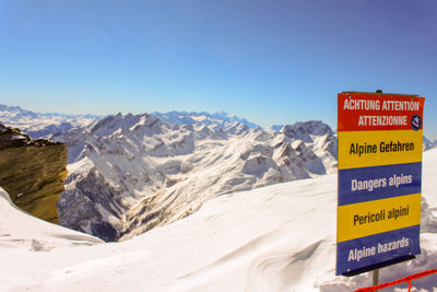 Scenic view of snowcapped mountains against clear sky