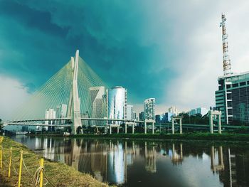 Bridge over river by buildings against sky in city