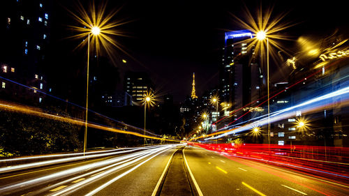 Blurred motion of car on road at night