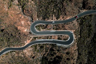Aerial view of winding road amidst land