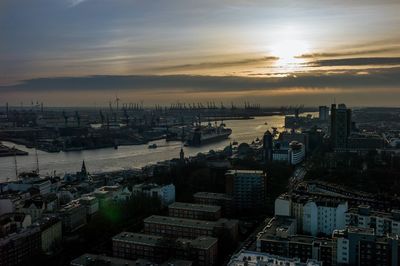 High angle view of city at sunset