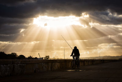 Rear view of silhouette man riding bicycle against sky during sunset
