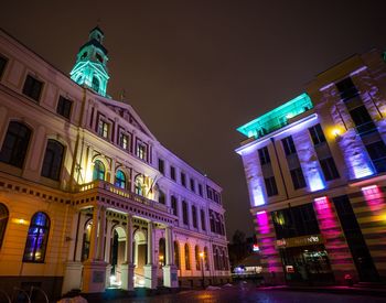 Low angle view of buildings at night