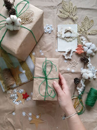 High angle view of christmas decorations on table