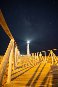 Wooden structure against sky at night