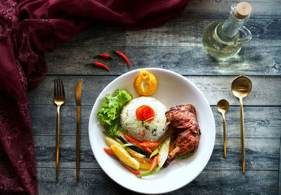 Directly above shot of meal served on table