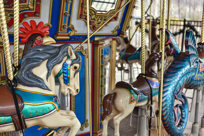 Close up view of carousel with horses