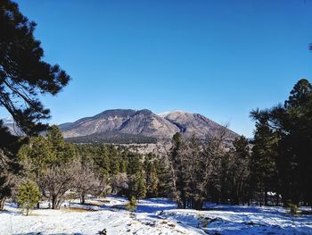 Scenic view of snowcapped mountains against clear blue sky