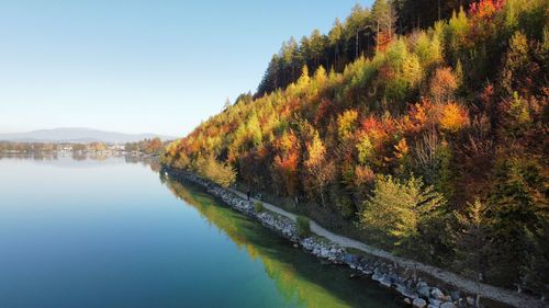 Scenic view of lake against clear sky during autumn