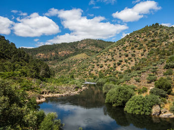 Scenic view of lake and mountains against sky