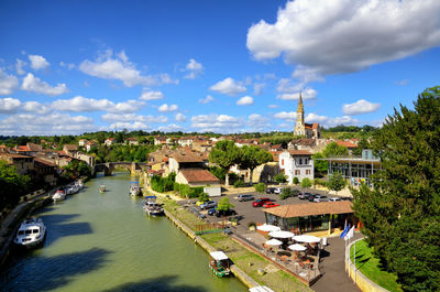 High angle view of river amidst buildings against sky