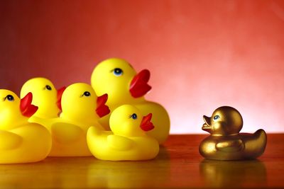 Close-up of rubber ducks on table against red wall