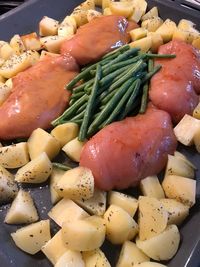 High angle view of vegetables in plate