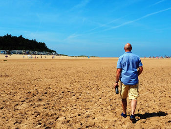 Rear view of man walking on sand at beach against sky