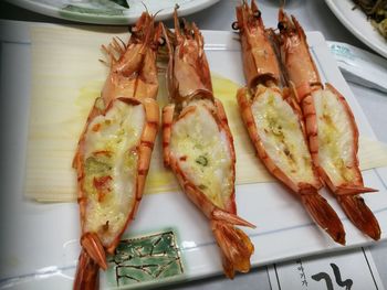 High angle view of seafood in plate on table