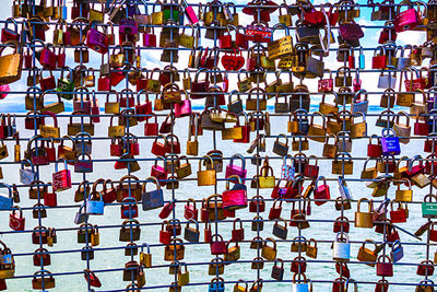 Full frame shot of padlocks hanging on railing