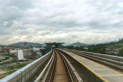 High angle view of railroad tracks amidst buildings against sky